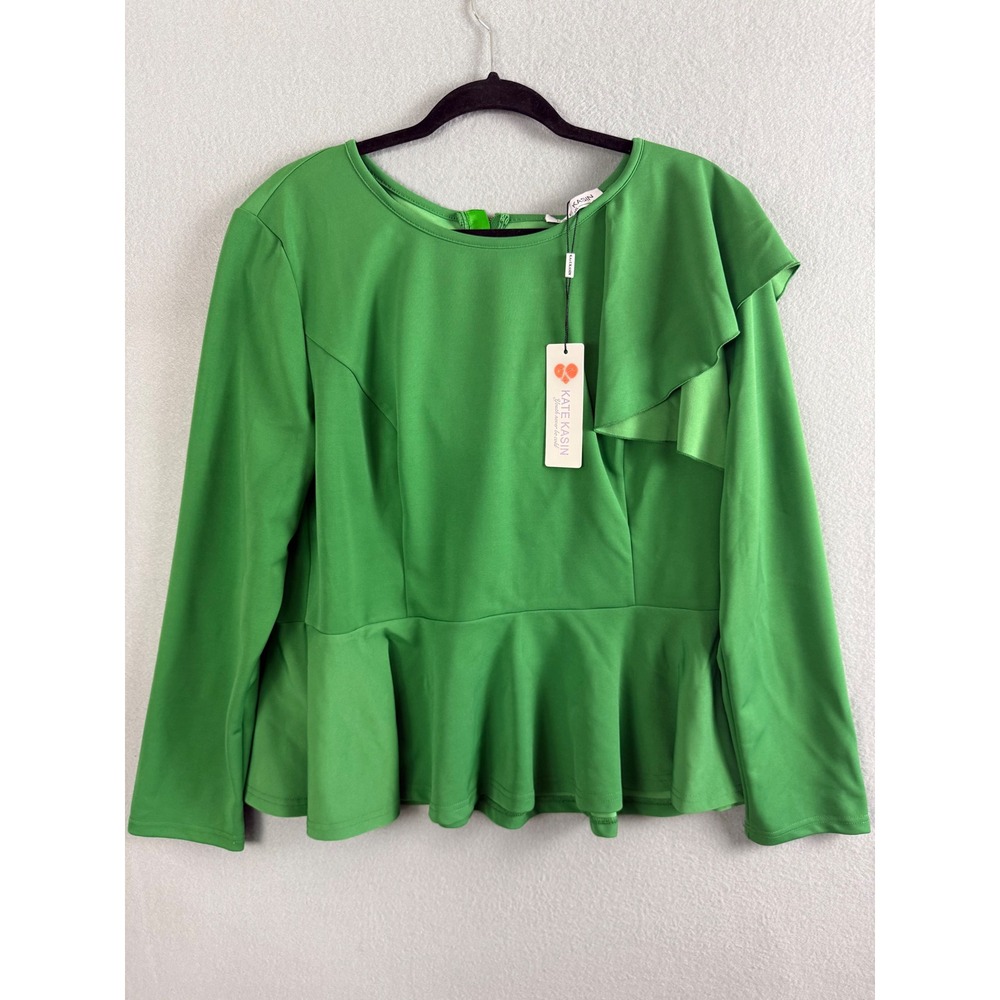 Kate Kasin Top Women's XXL Peplum Blouse Ruffle Long Sleeve Green NWT